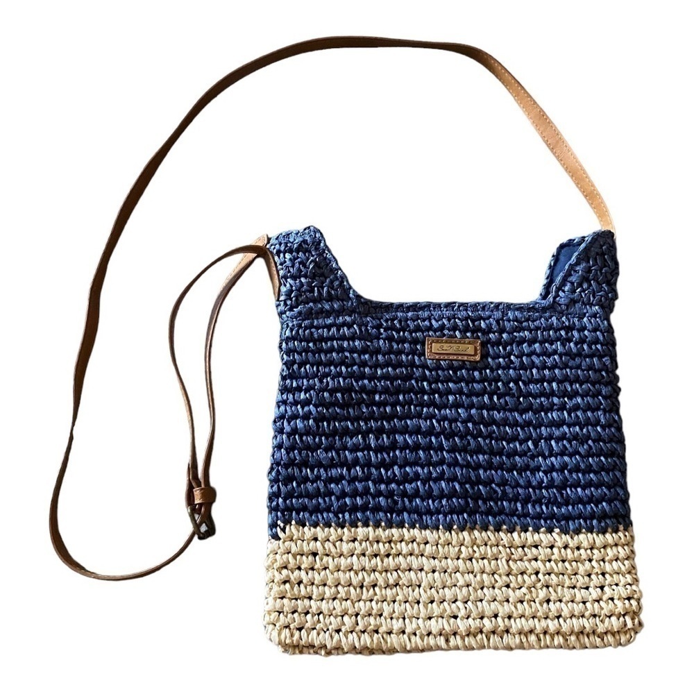 SUN N SAND-NAVY BLUE AND CREAM WOVEN CROSSBODY BAG